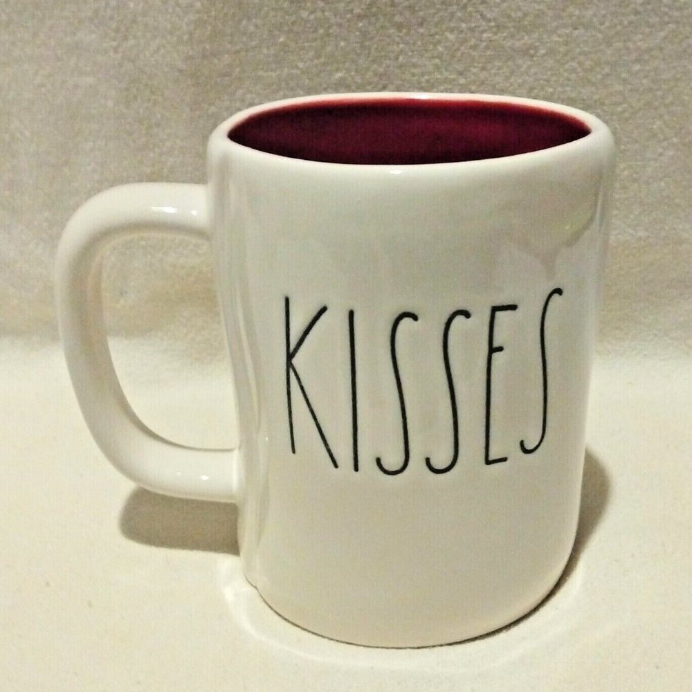 RAE DUNN Magenta Coffee Mug HUGS KISSES Ivory Red